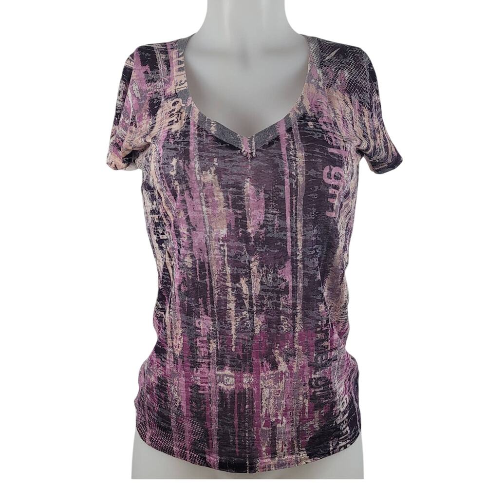 Cruel Girl Country Western Burn-Out Purple Abstract V-Neck Women's Top M